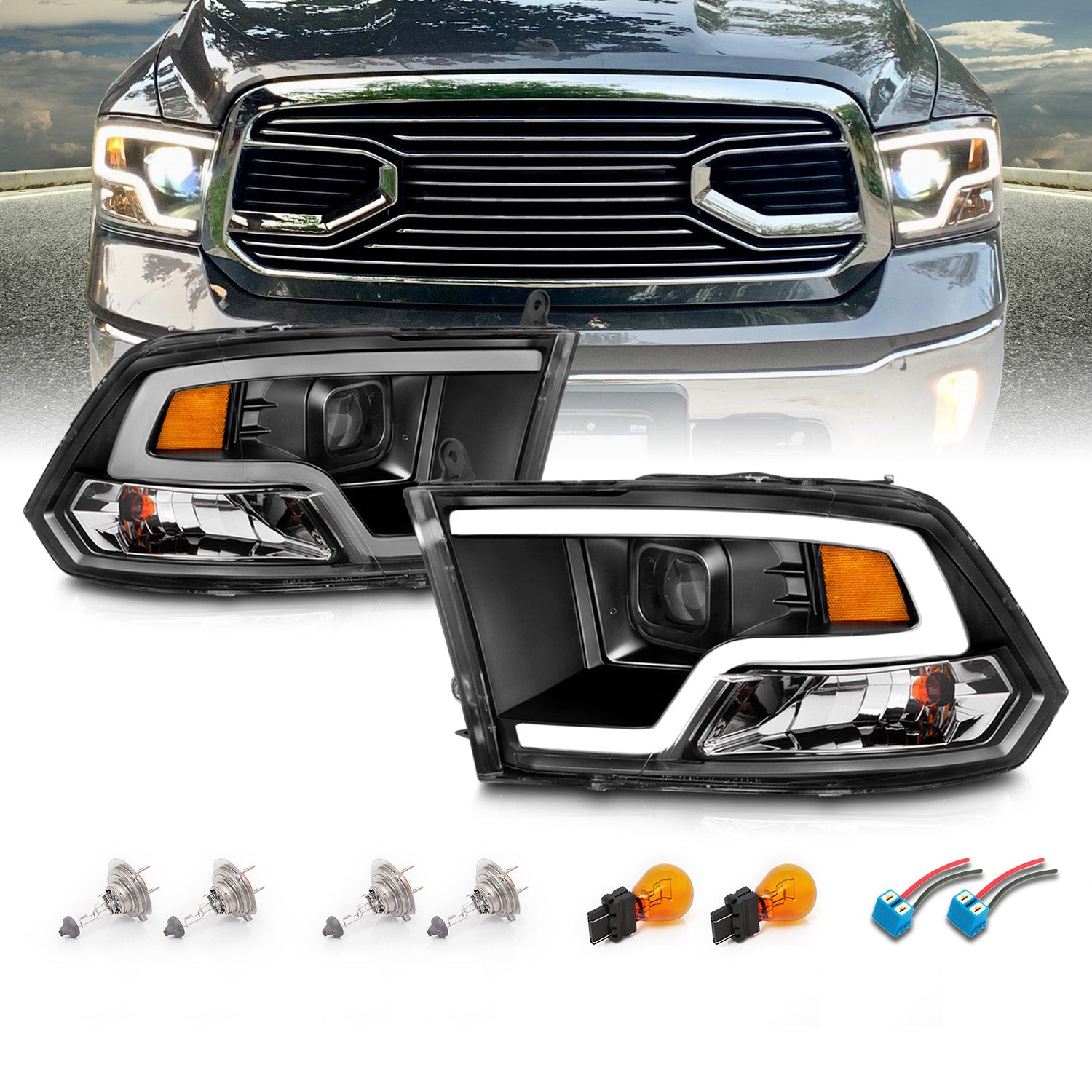 DODGE RAM 09-20 PROJECTOR LIGHT BAR STYLE HEADLIGHTS BLACK CLEAR AMBER (HALOGEN TYPE)