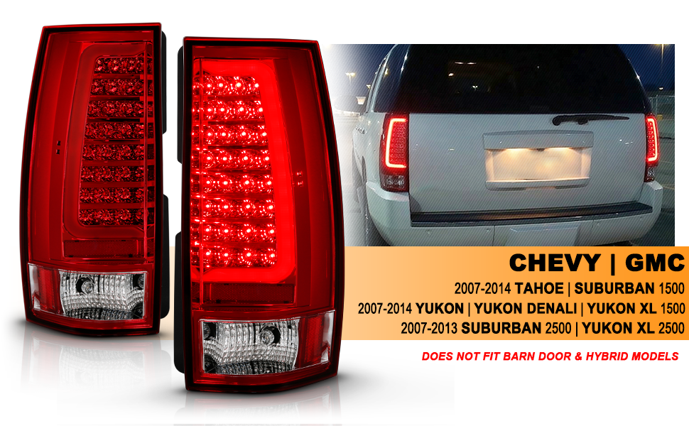 CHEVY TAHOE/SUBURBAN 07-14 LED TAIL LIGHTS RED/CLEAR W/ C LIGHT BAR