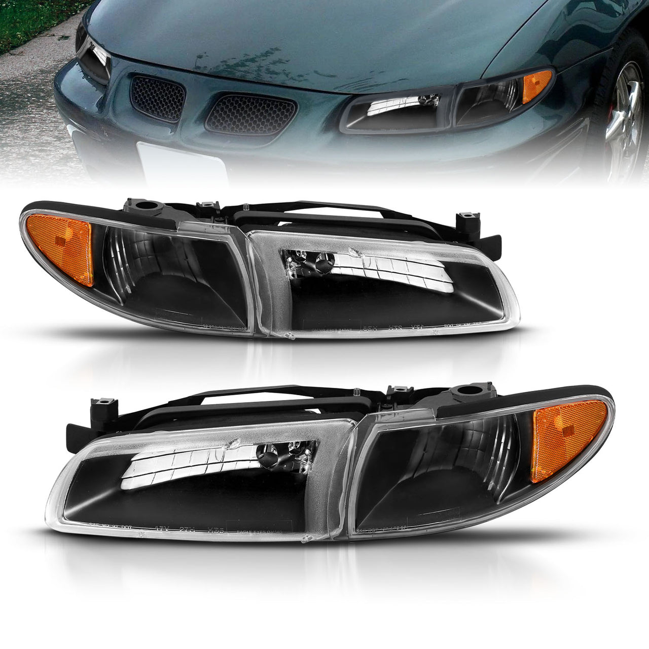 PONTIAC GRAND PRIX 97-03 HEADLIGHTS W/ CORNER LIGHTS BLACK  AMBER