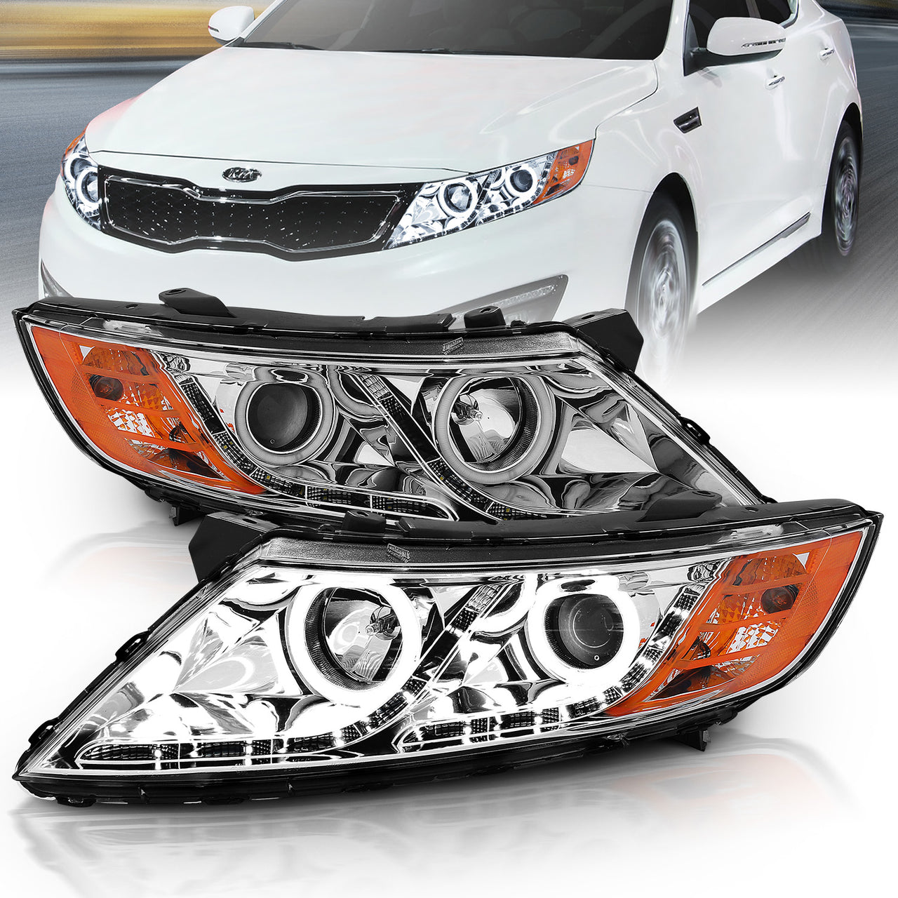 KIA OPTIMA 11-15 PROJECTOR HEADLIGHTS HALO CHROME CLEAR AMBER (RX HALO)