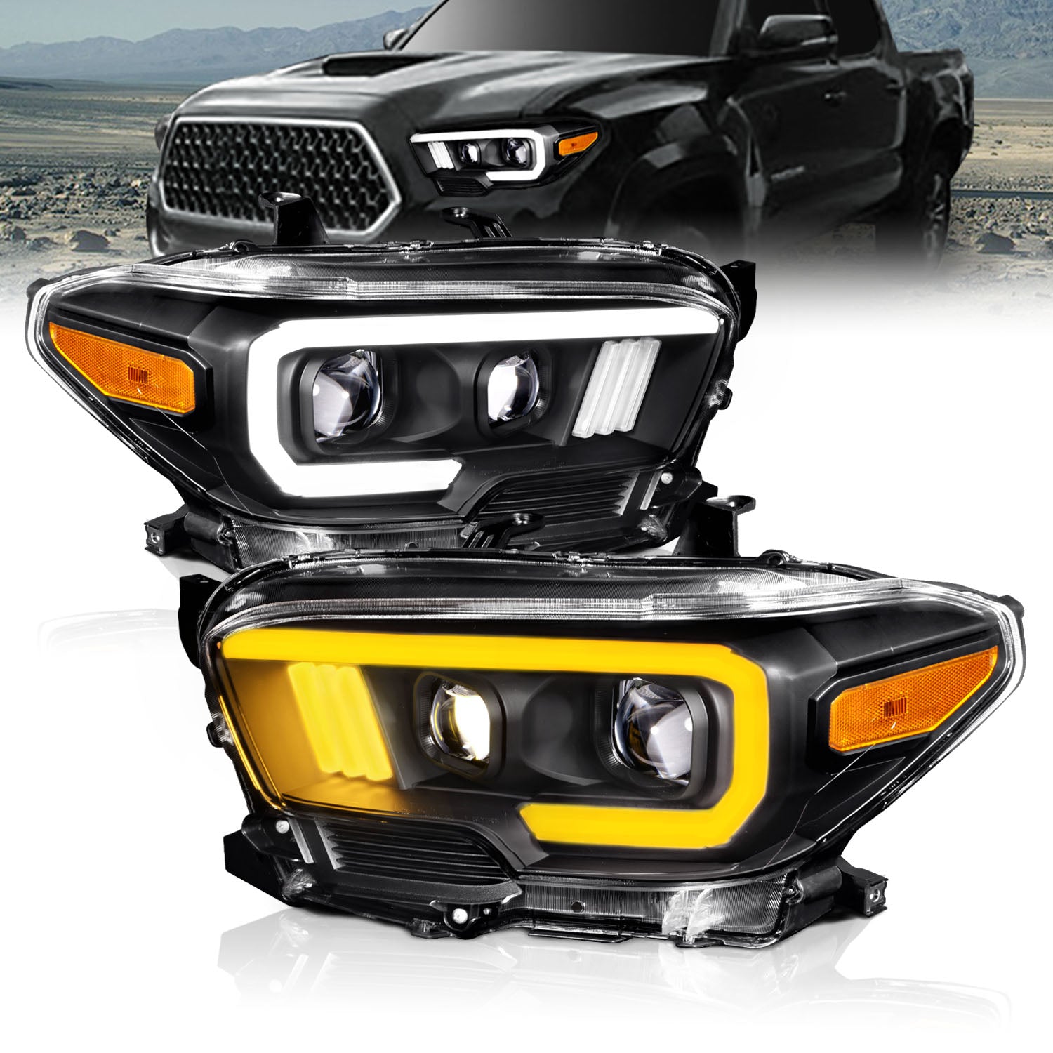 TOYOTA TACOMA 16-23 PROJECTOR LIGHT BAR STYLE SWITCHBACK HEADLIGHTS BLACK AMBER