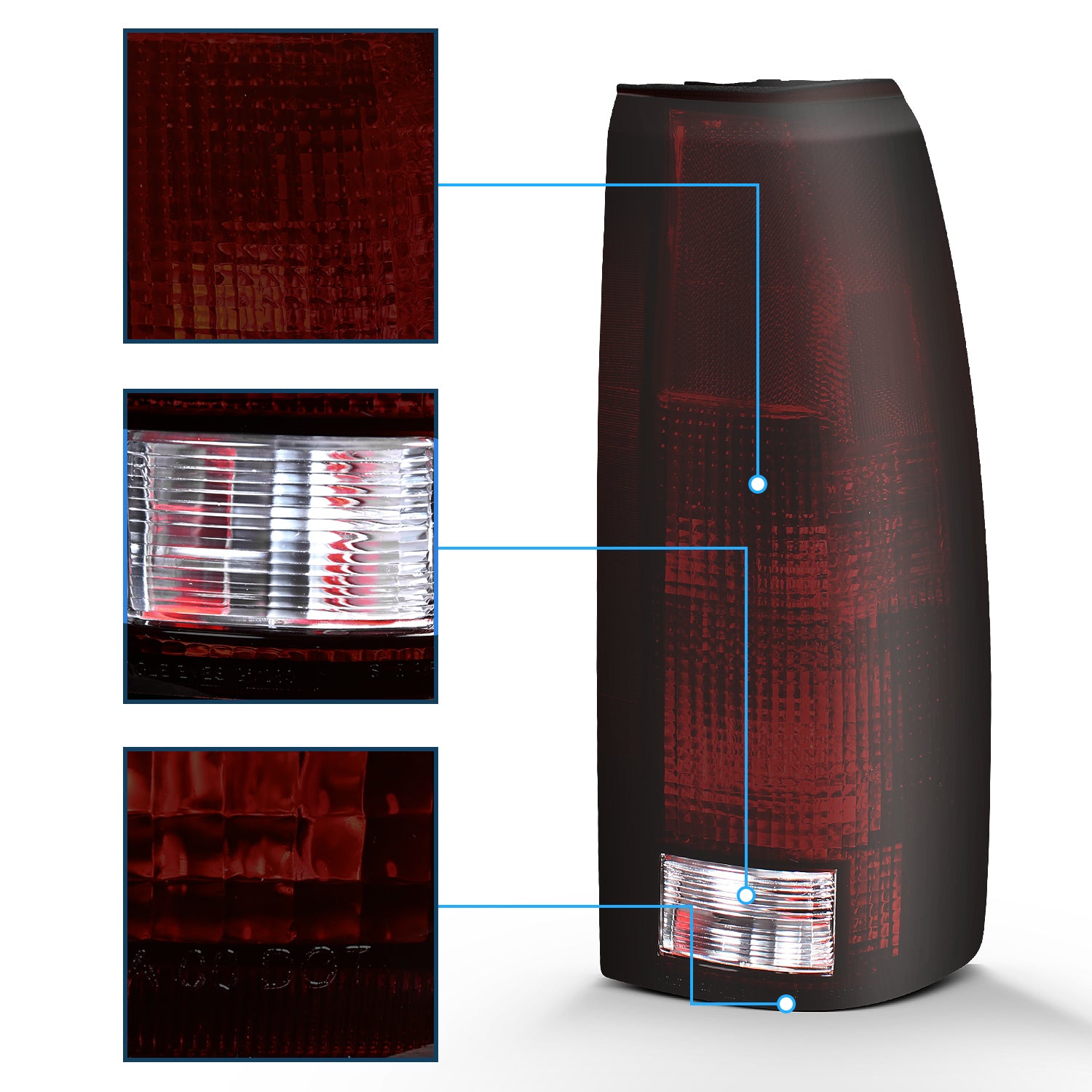 Chevy/GMC C/K 1500/2500/3500 88-99, SUBURBAN/YUKON 92-00, TAHOE 94-00, BLAZER 92-94, CADILLAC ESCALADE 99-00 TAIL LIGHTS CONNECTOR RIM DARK RED LENS (W/O CONNECTOR)