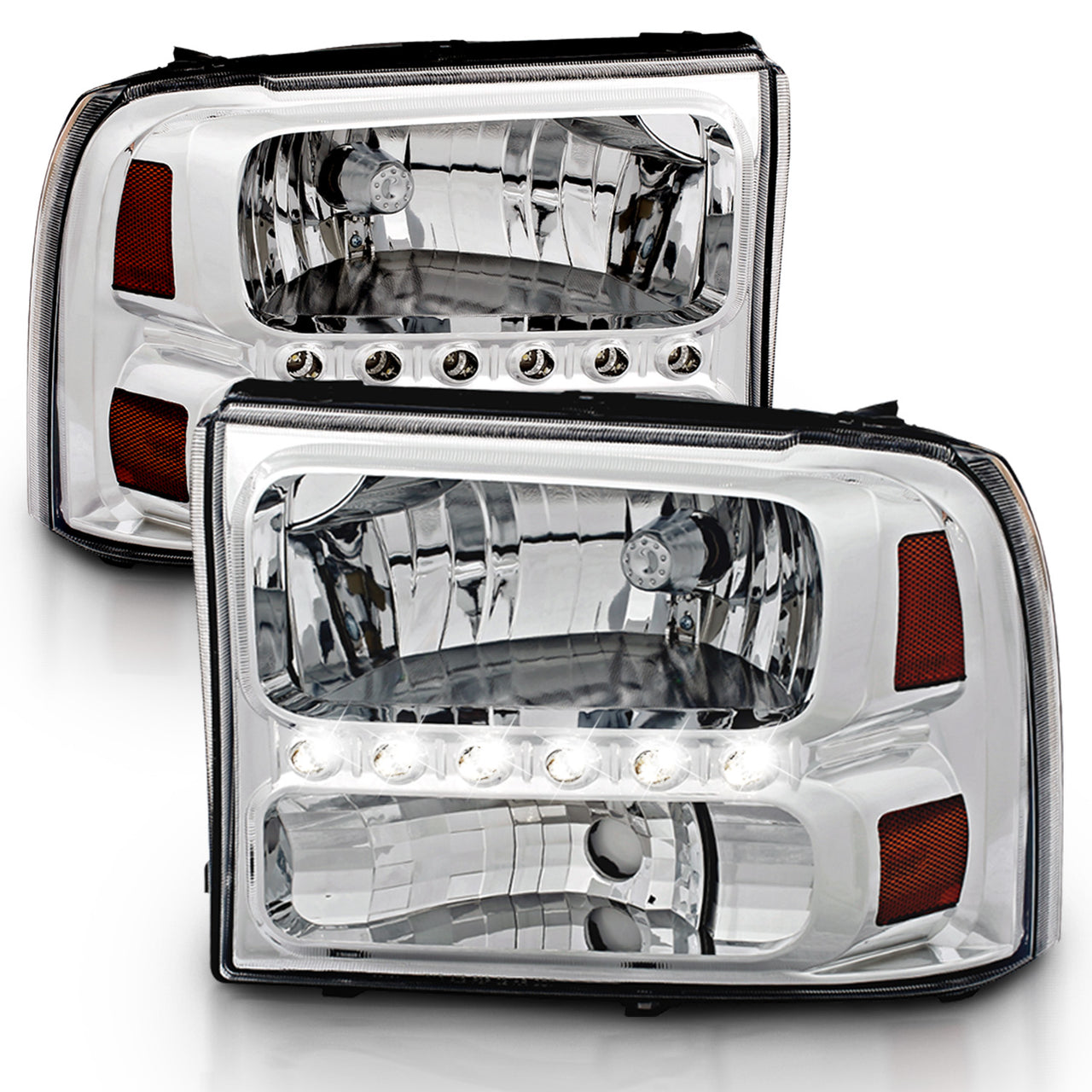 FORD EXCURSION 00-04/SUPER DUTY 99-04 HEADLIGHTS CHROME 1PC AMBER (W/ LED)