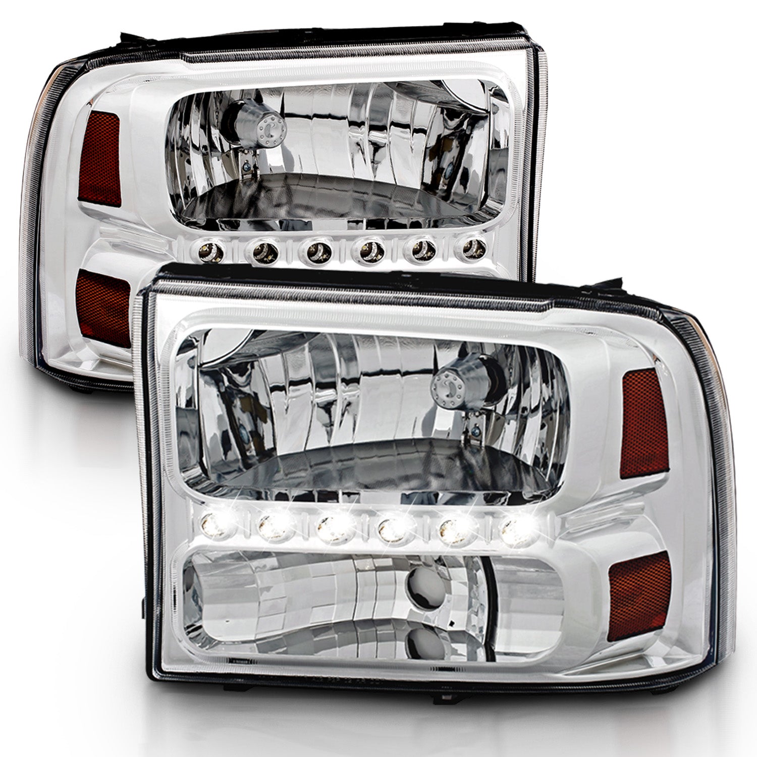 FORD EXCURSION 00-04/SUPER DUTY 99-04 HEADLIGHTS CHROME 1PC AMBER (W/ LED)
