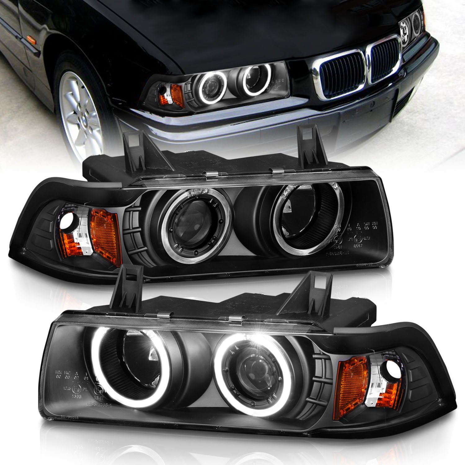 BMW 3 SERIES E36 92-98 4DR 1PC PROJECTOR HEADLIGHTS G2 HALO BLACK CLEAR AMBER