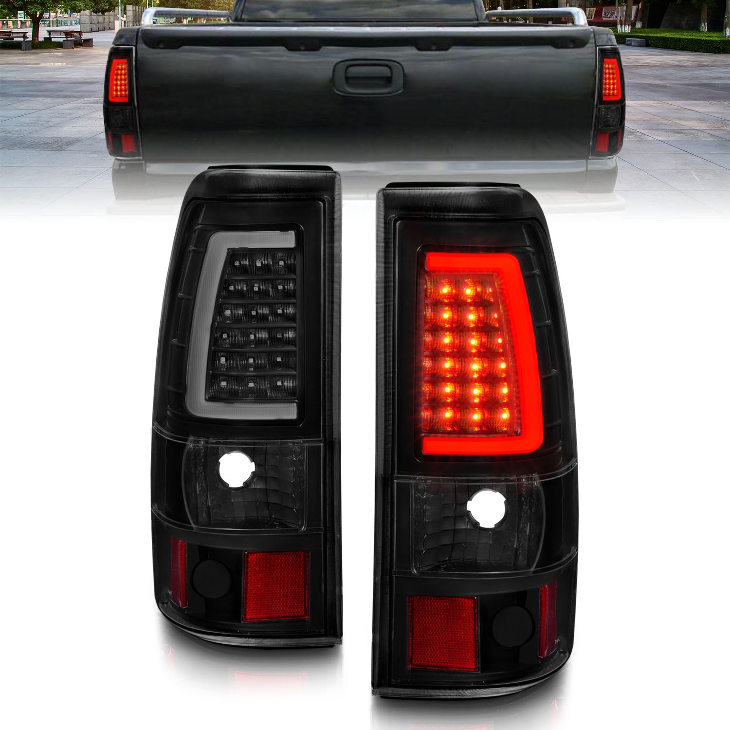 GMC SIERRA 99-07/CHEVY SILVERADO 99-03 (1500/2500 SERIES 99-02 & 3500 SERIES 2003) LED TAIL LIGHTS BLACK HOUSING SMOKE LENS  W/ C LIGHT BAR (3 HOLE)