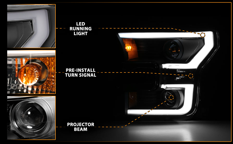 FORD F-150 15-17 PROJECTOR LIGHT BAR STYLE HEADLIGHTS BLACK CLEAR AMBER