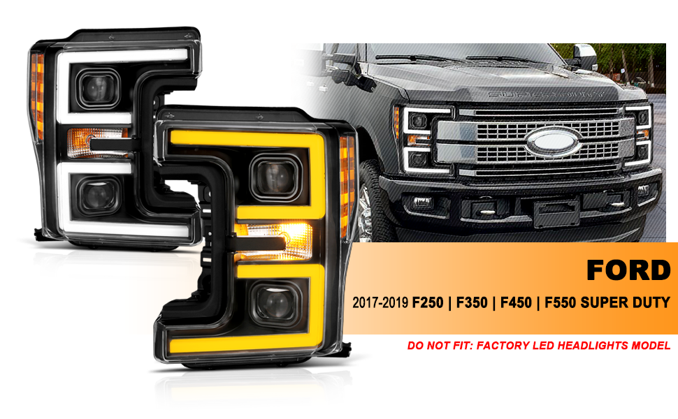 FORD F-250/F350/F450 17 UP PROJECTOR LIGHT BAR STYLE SWITCHBACK HEADLIGHTS BLACK AMBER