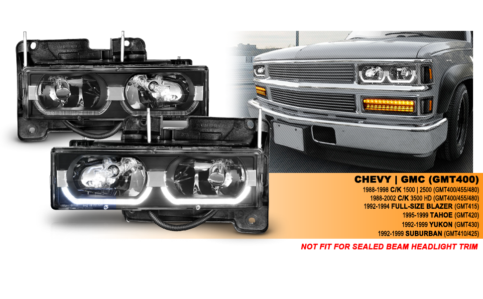 CHEVY FULLSIZE 88-98 LOW-BROW STYLE CRYSTAL HEADLIGHTS BLACK CLEAR