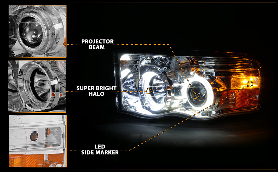 DODGE RAM 1500 02-05 - 2500/3500 03-05 PROJECTOR H.L HALO CHROME CLEAR AMBER