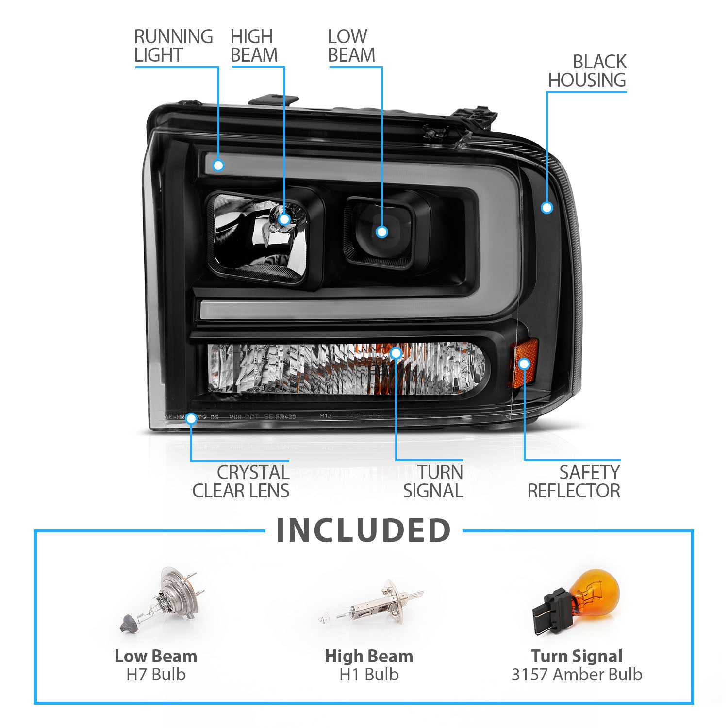 FORD F-250/350/450/550 SUPERDUTY 05-07/EXCURSION 2005 PROJECTOR HEADLIGHTS BLACK AMBER (W/ C LIGHTS BAR)