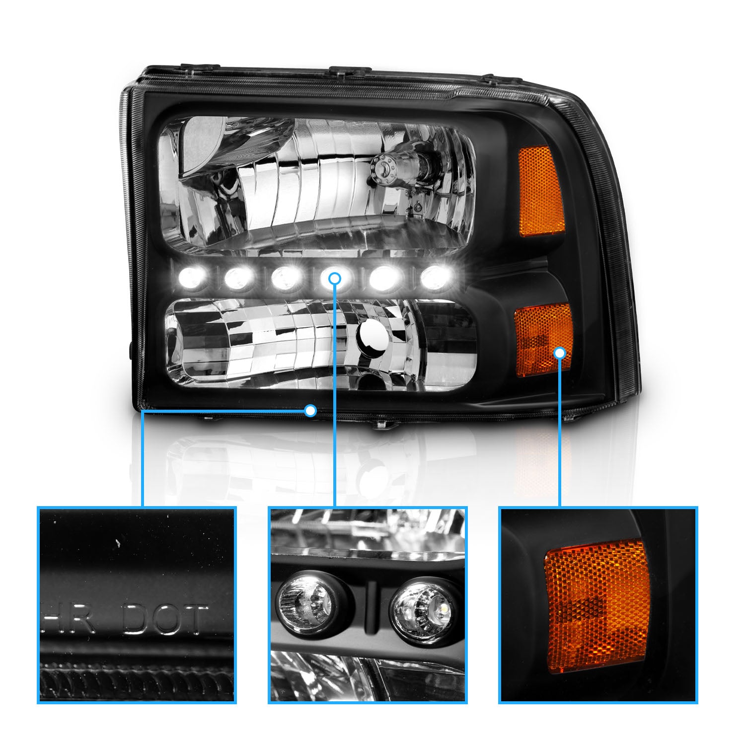 FORD EXCURSION 00-04/SUPER DUTY 99-04 HEADLIGHTS BLACK 1PC AMBER (W/ LED)