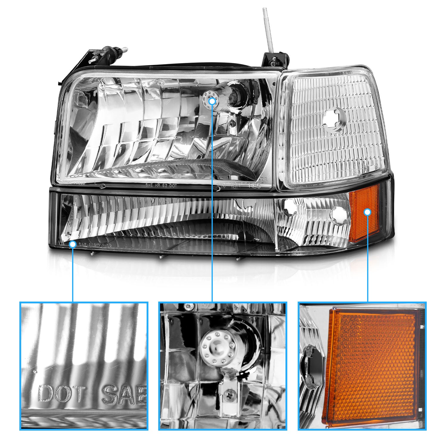 FORD F-150/BRONCO 92-96 HEADLIGHTS CHROME HOUSING 6PCS SET W/ CORNER, SIGNAL LIGHTS AMBER