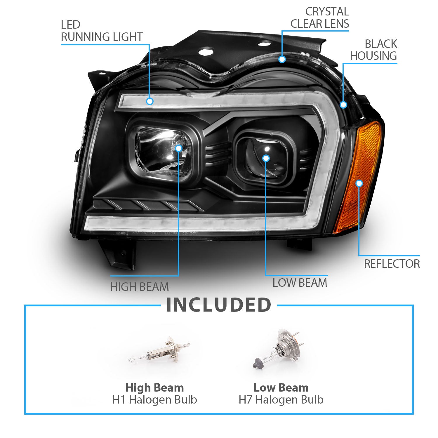 JEEP GRAND CHEROKEE 05-07 PROJECTOR SWITCHBACK HEADLIGHTS BLACK AMBER (W/ C LIGHT BAR)