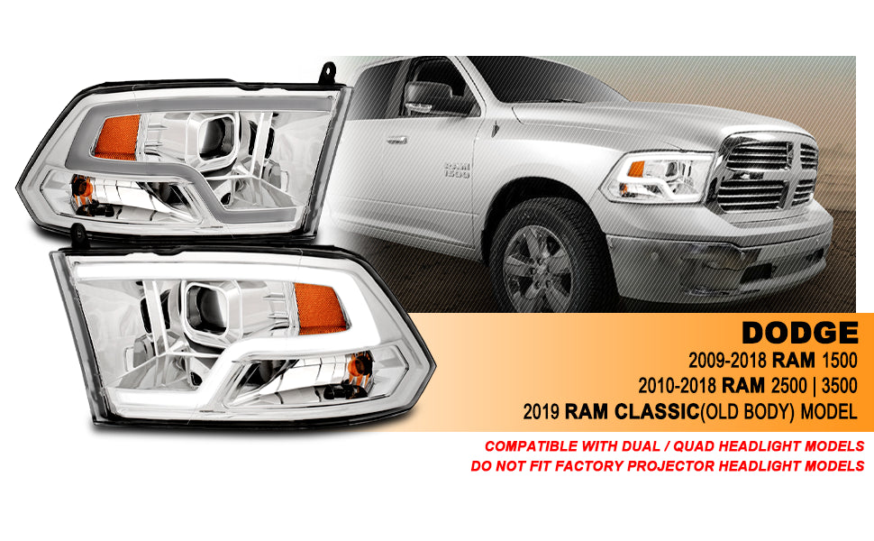 DODGE RAM 09-17 PROJECTOR LIGHT BAR STYLE HEADLIGHTS CHROME CLEAR AMBER