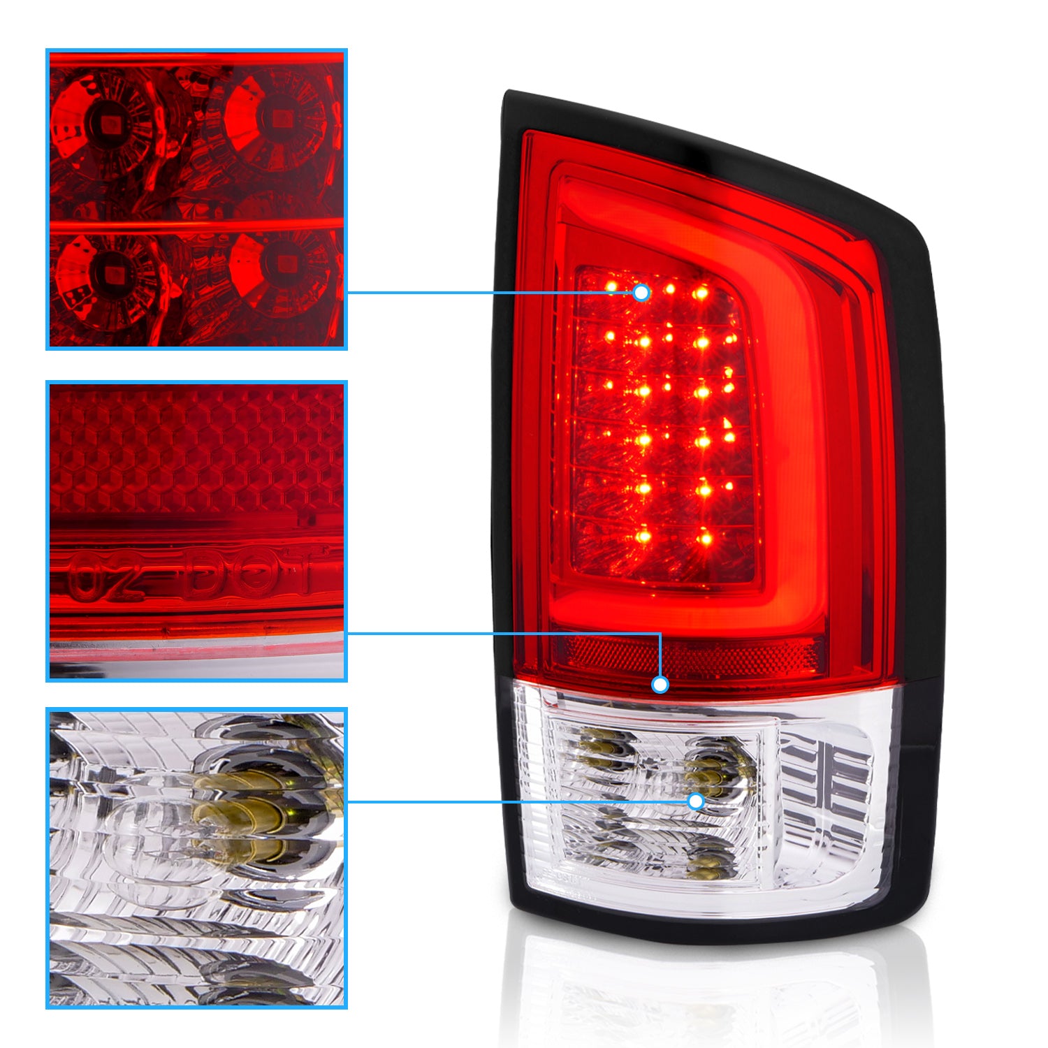 DODGE RAM 1500 02-05 / 2500/3500 02-06 LED TAIL LIGHTS RED/CLEAR LENS W/ C LIGHT BAR