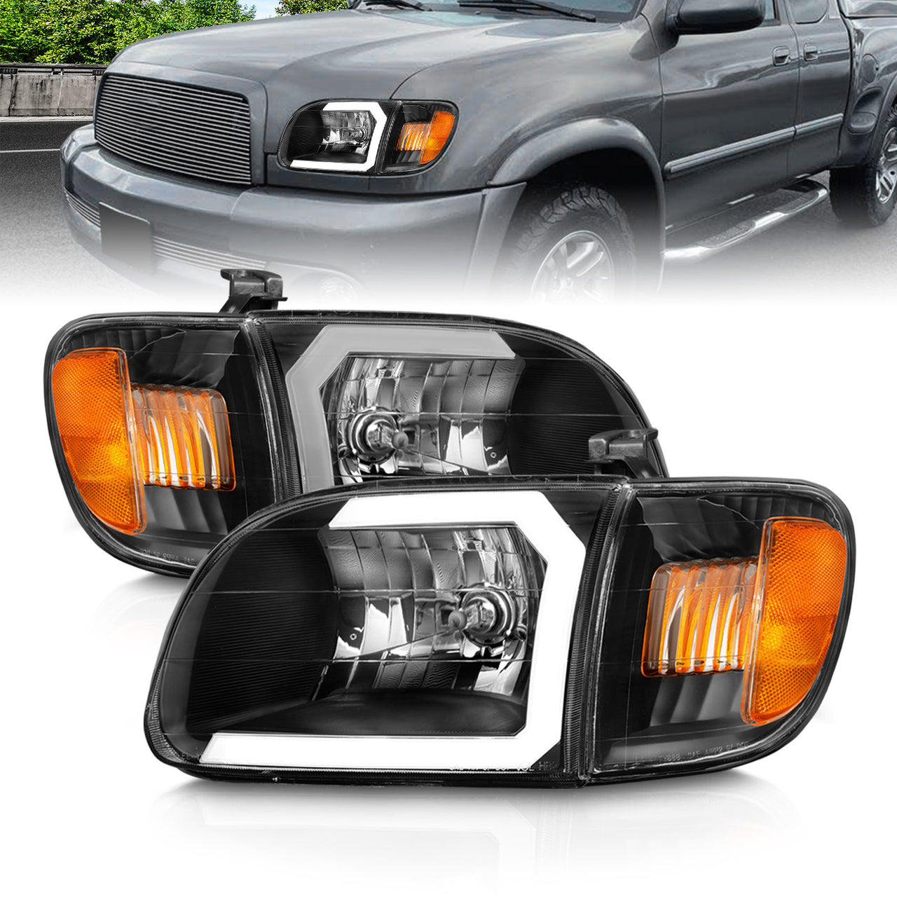 TOYOTA TUNDRA 00-04 HEADLIGHTS BLACK AMBER W/ C LIGHT BAR  W/CORNER LIGHTS (REGULAR CAB, ACCESS CAB)