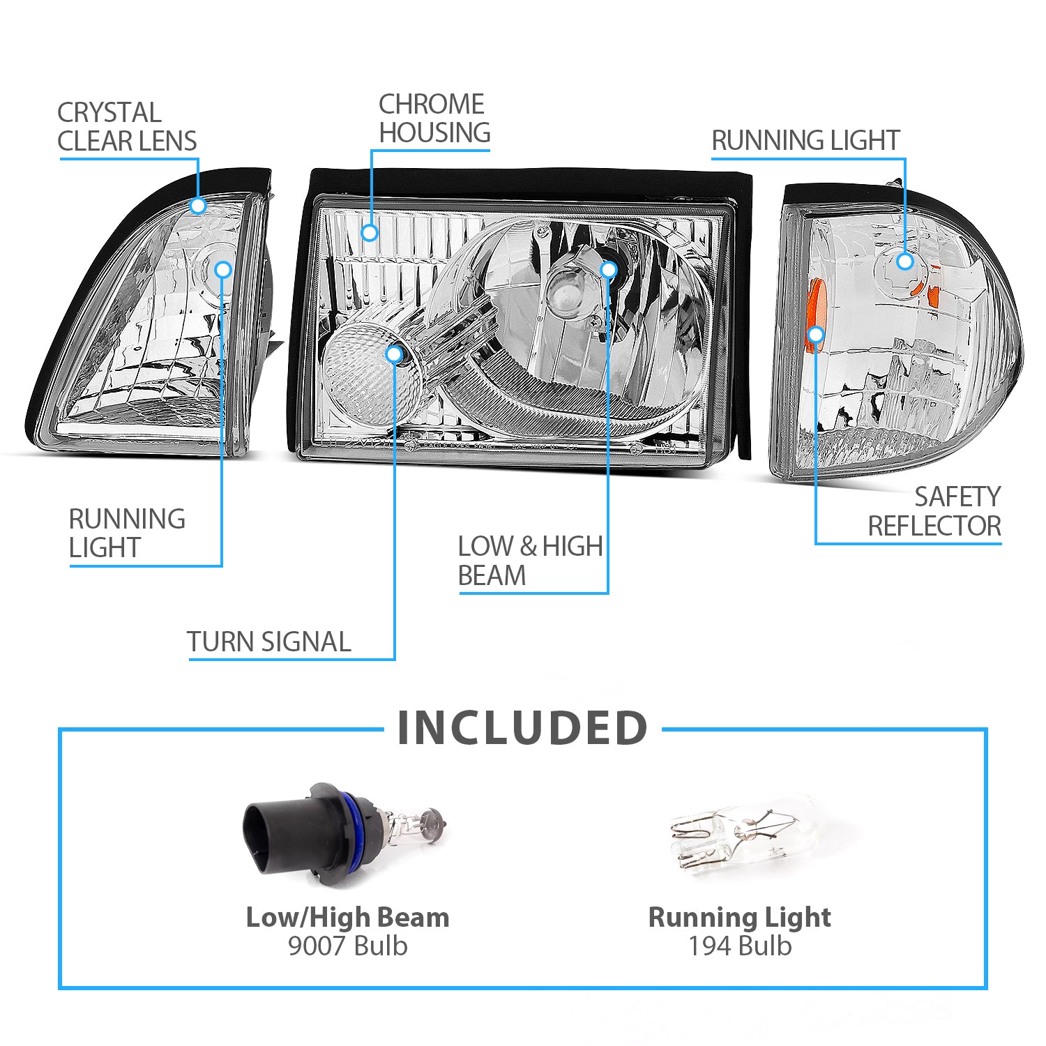 FORD MUSTANG 87-93 CRYSTAL HEADLIGHTS CHROME SET W/ CORNER & PARKING