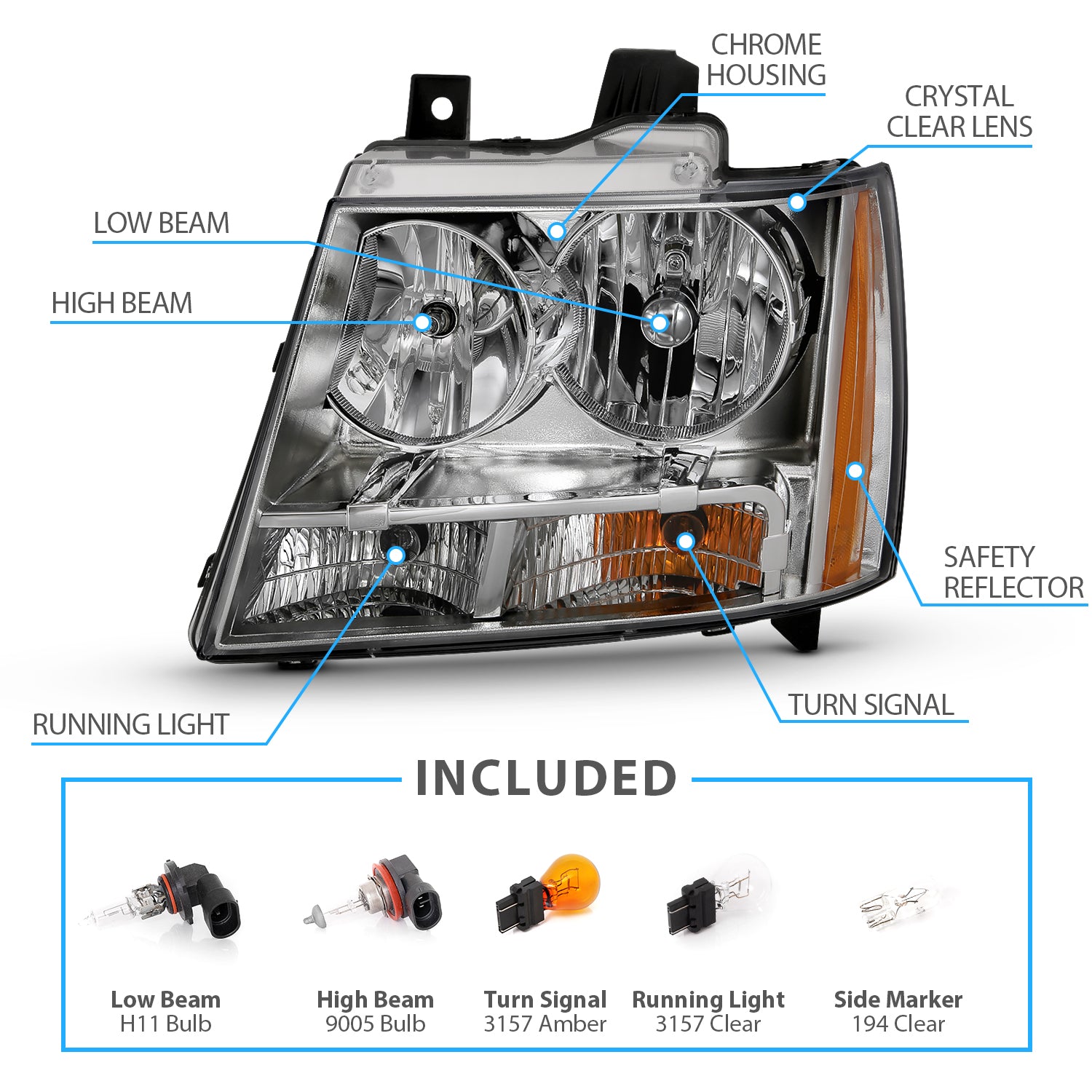 CHEVY TAHOE/SUBURBAN/AVALANCHE 07-14 HEADLIGHTS CHROME AMBER (OE REPLACEMENT)