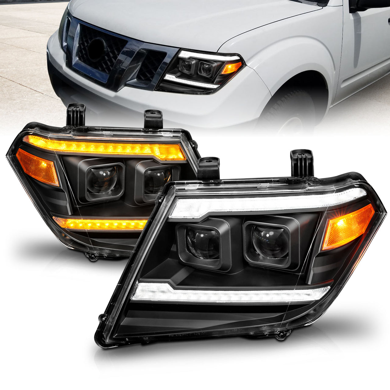 NISSAN FRONTIER 09-20 PROJECTOR LIGHT嚙瘡EADLIGHTS BLACK SEQUENTIAL LIGHT BAR (W/ DRL)
