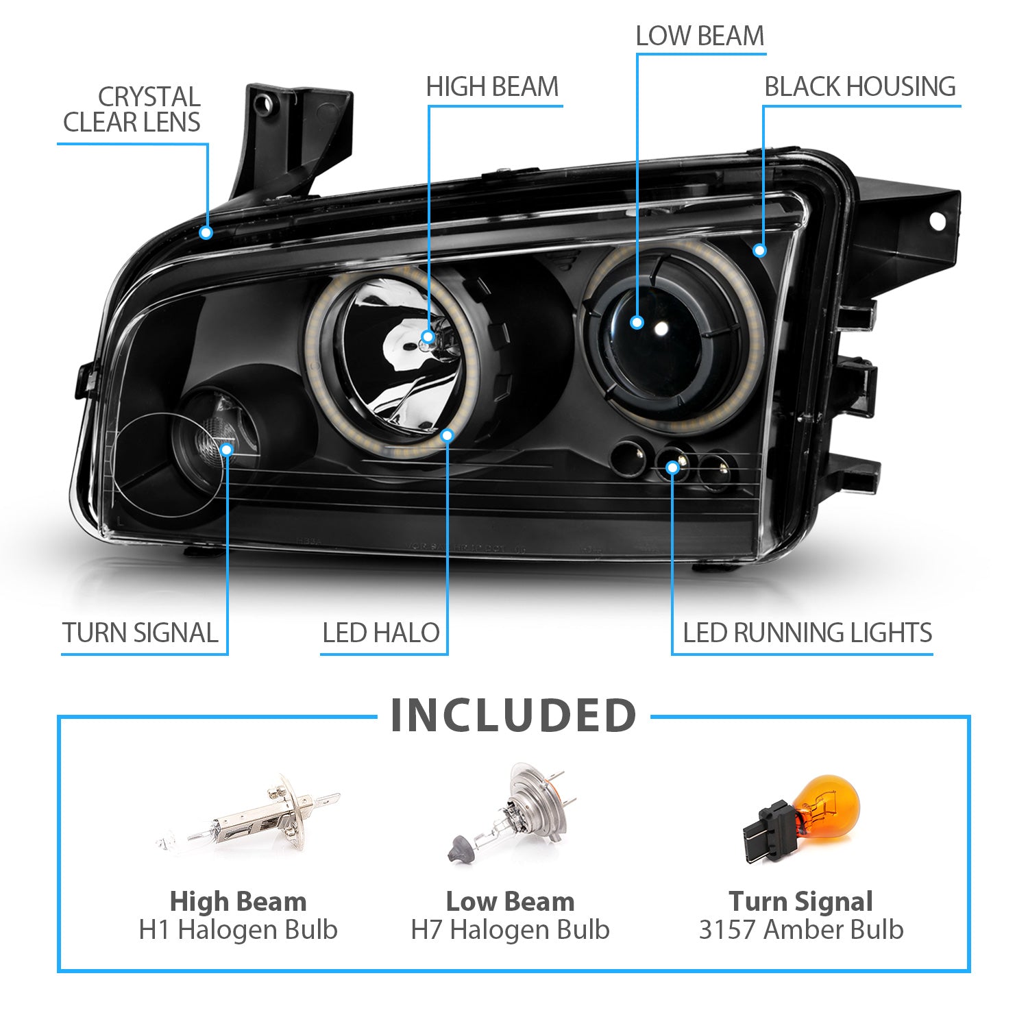 DODGE CHARGER 06-08 PROJECTOR H.L HALO BLACK CLEAR(SUPER WHITE)
