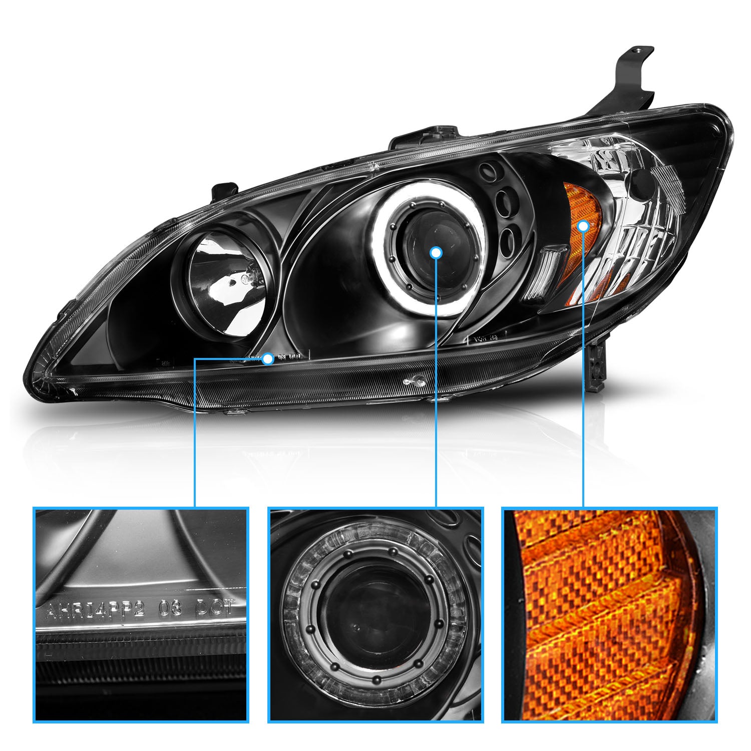 HONDA CIVIC 04-05 2/3/4DR PROJECTOR HEADLIGHTS HALO BLACK CLEAR AMBER