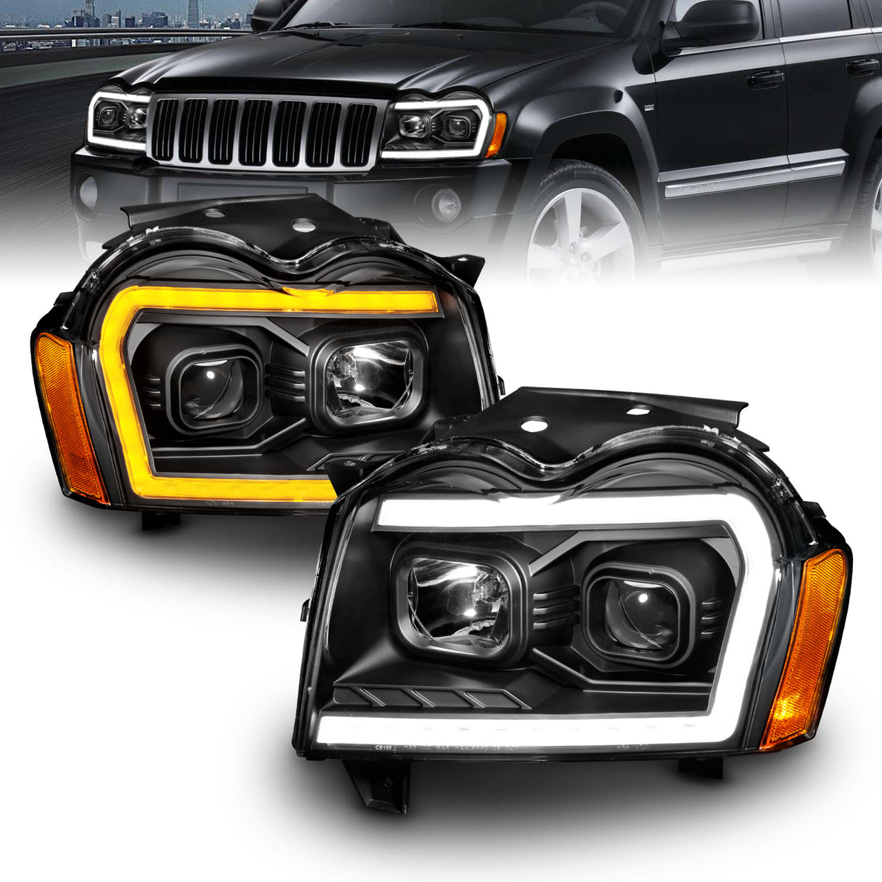 JEEP GRAND CHEROKEE 05-07 PROJECTOR SWITCHBACK HEADLIGHTS BLACK AMBER (W/ C LIGHT BAR)