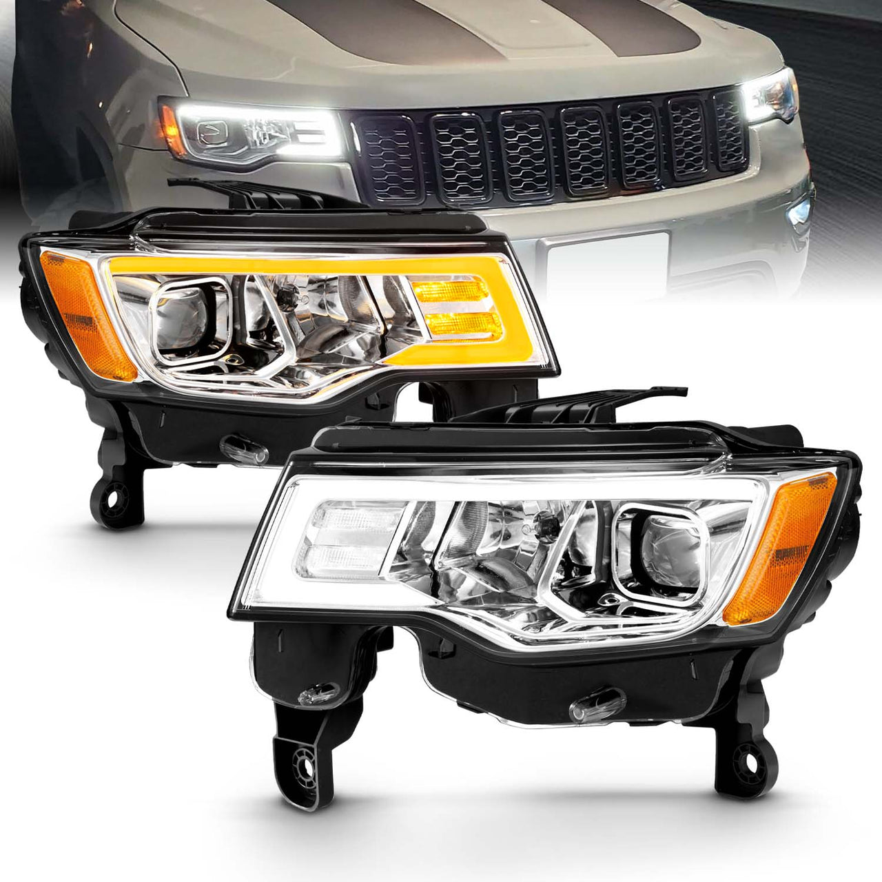JEEP GRAND CHEROKEE 17-18 HEADLIGHTS PROJECTOR LIGHT BAR STYLE SWITCHBACK HEADLIGHTS CHROME AMBER