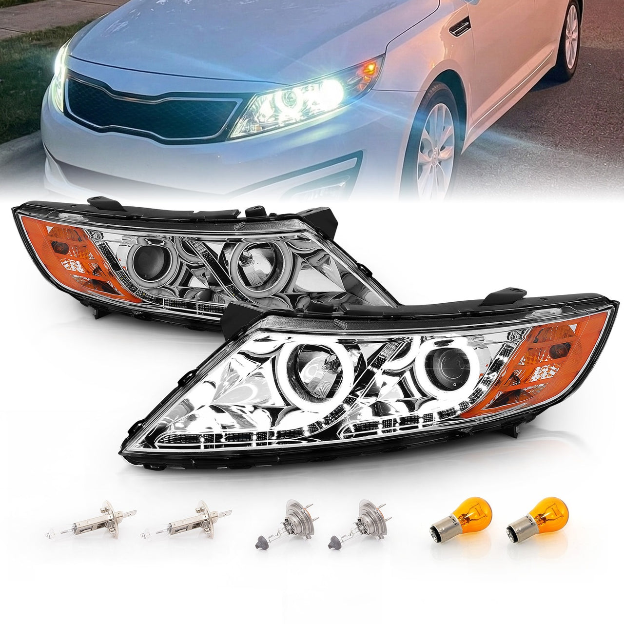 KIA OPTIMA 11-15 PROJECTOR HEADLIGHTS HALO CHROME CLEAR AMBER (RX HALO)