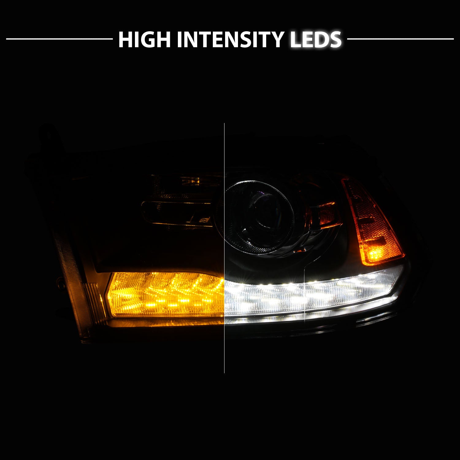 DODGE RAM 1500 09-19(09-12, W/O QUAD),  2500/3500 10-18 PROJECTOR HEADLIGHTS MIST BLACK HOUSING CLEAR LENS SEQUENTIAL LIGHT BAR