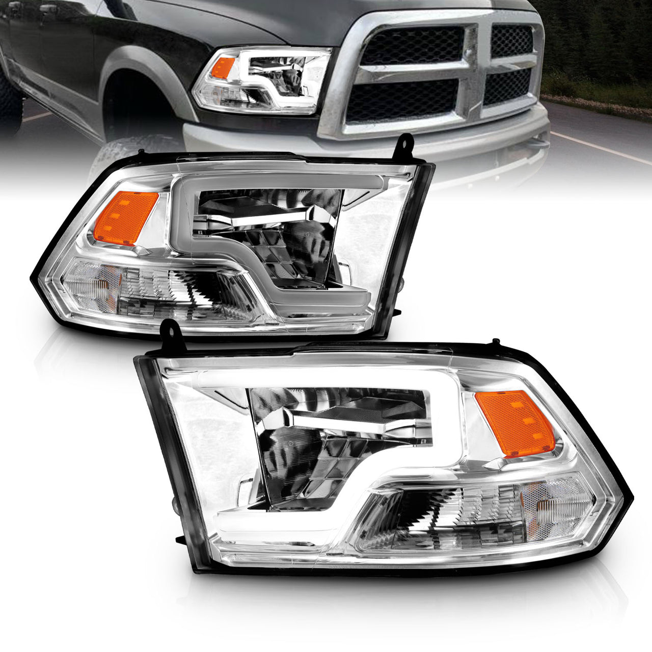 DODGE RAM 1500 09-20(W/O QUAD) / RAM 2500/3500 10-18 FULL LED HEADLIGHTS CHROME AMBER (LIGHT BAR)  (HALOGEN TYPE)
