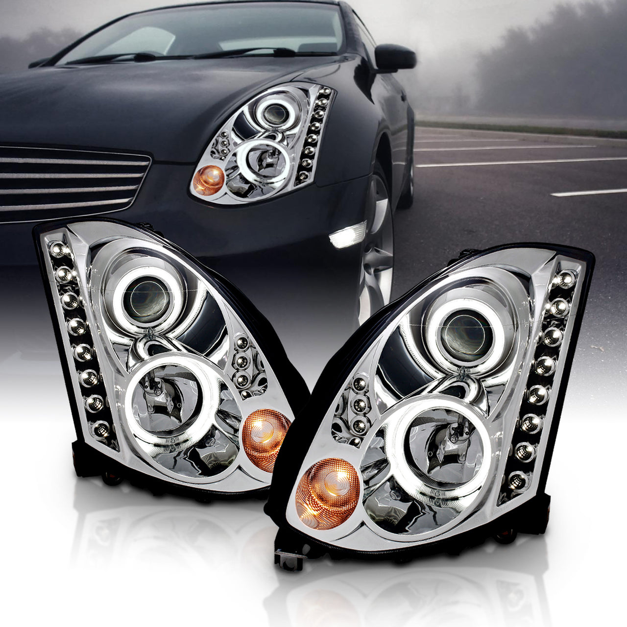 INFINITI G35 03-07 2DR HEADLIGHTS CHROME PROJECTOR CLEAR HALO (OEM HID COMPATIBLE) (RX HALO)