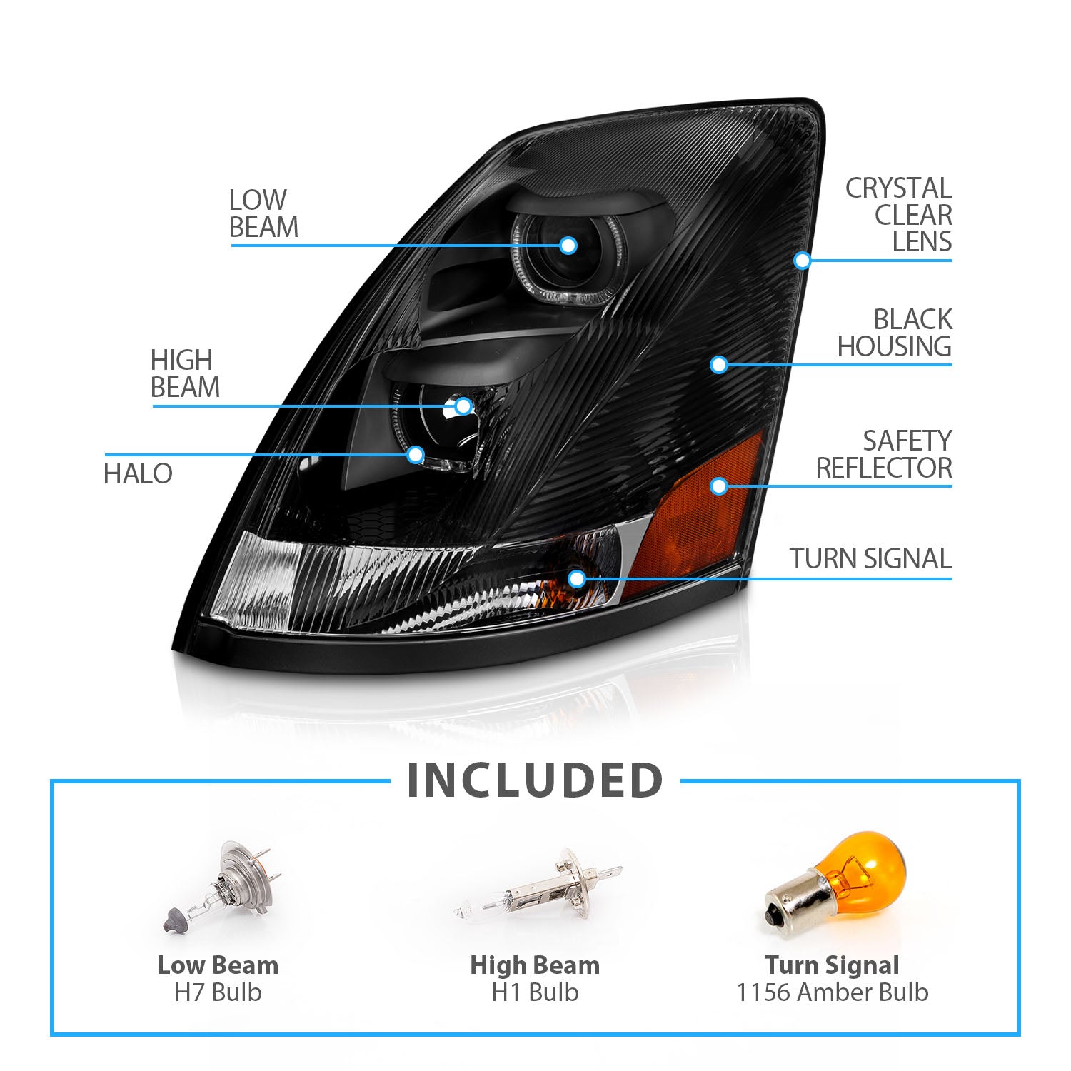 VOLVO VN/VNL SERIES 04-15 PROJECTOR U BAR STYLE H.L BLACK AMBER REFLECTOR (LEFT)