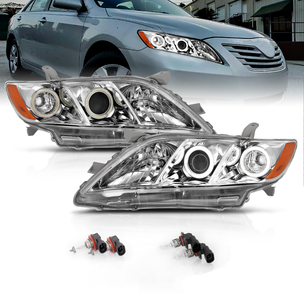 TOYOTA CAMRY 07-09 PROJECTOR HEADLIGHTS HALO CHROME CLEAR AMBER (RX HALO)