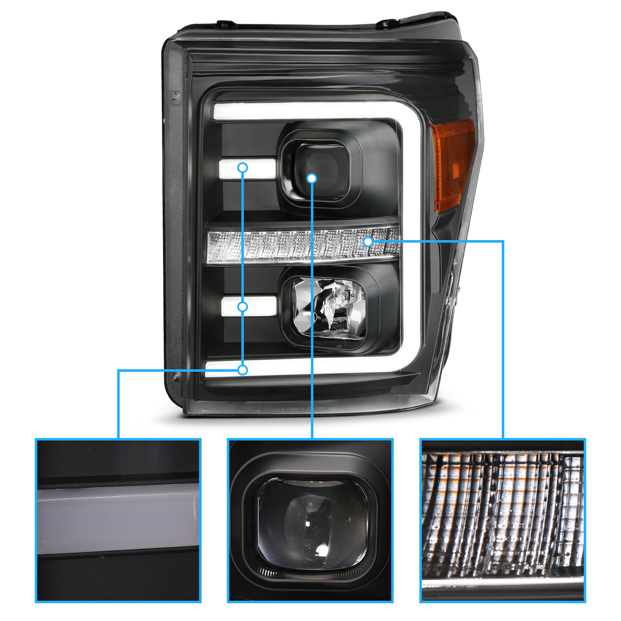 FORD F-250/SUPER DUTY 11-16 PROJECTOR LIGHT BAR STYLE SWITCHBACK HEADLIGHTS BLACK AMBER