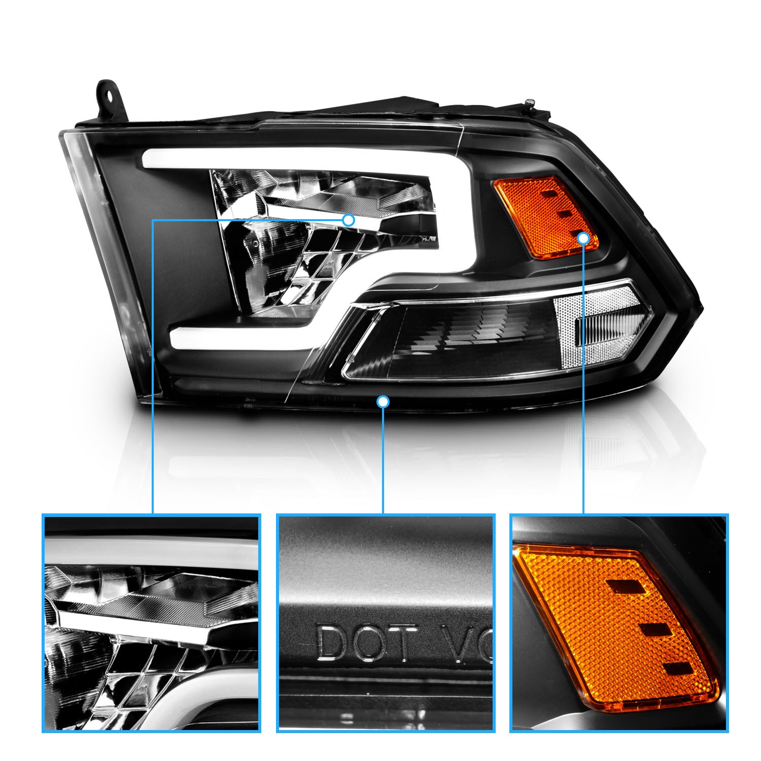 DODGE RAM 1500 09-20(W/O QUAD) / RAM 2500/3500 10-18 FULL LED HEADLIGHTS BLACK AMBER  (LIGHT BAR) (HALOGEN TYPE)