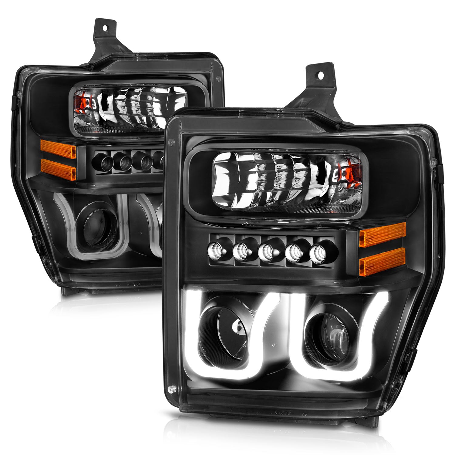 FORD F-250/SUPER DUTY 08-10 PROJECTOR U-BAR STYLE HEADLIGHTS BLACK CLEAR AMBER