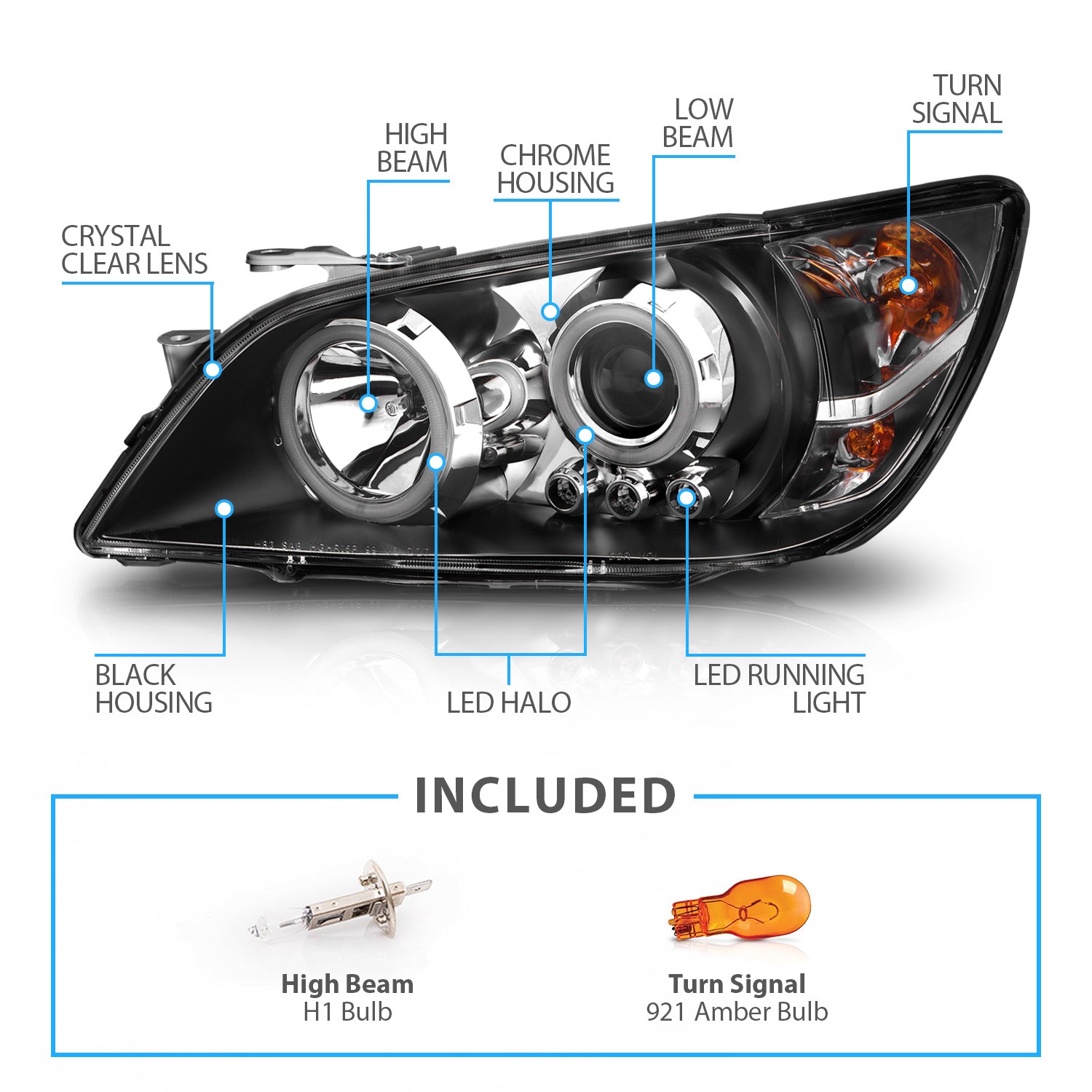 LEXUS IS 300 01-05 PROJECTOR HEADLIGHTS HALO BLACK CLEAR (RX HALO)