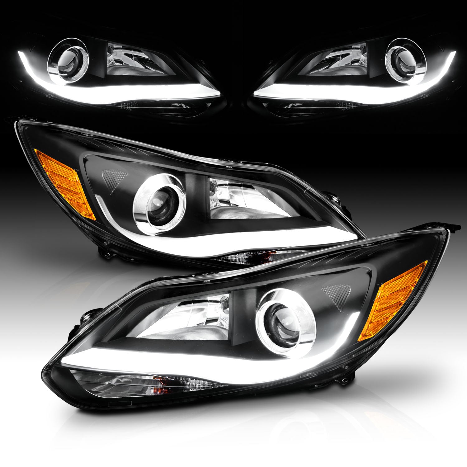 FORD FOCUS 12-13 PROJECTOR LIGHT BAR STYLE HEADLIGHTS BLACK CLEAR AMBER