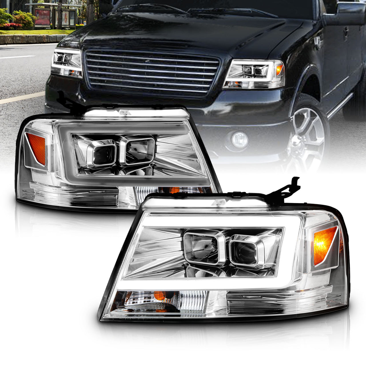 FORD F150 04-08/ LINCOLN MARK LT 06-07 PROJECTOR HEADLIGHTS CHROME AMBER(C LIGHTS BAR)
