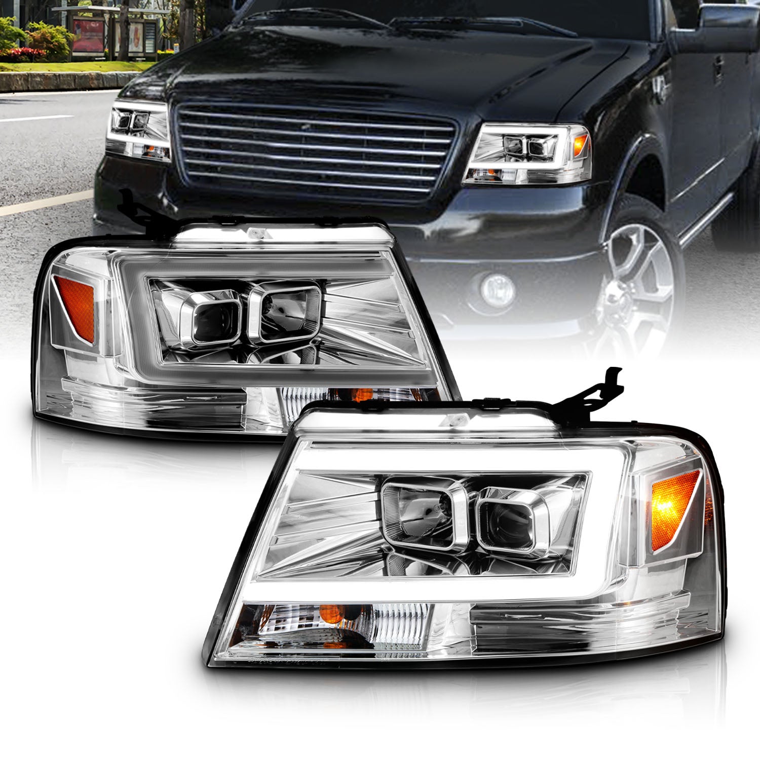 FORD F150 04-08/ LINCOLN MARK LT 06-07 PROJECTOR HEADLIGHTS CHROME AMBER(C LIGHTS BAR)