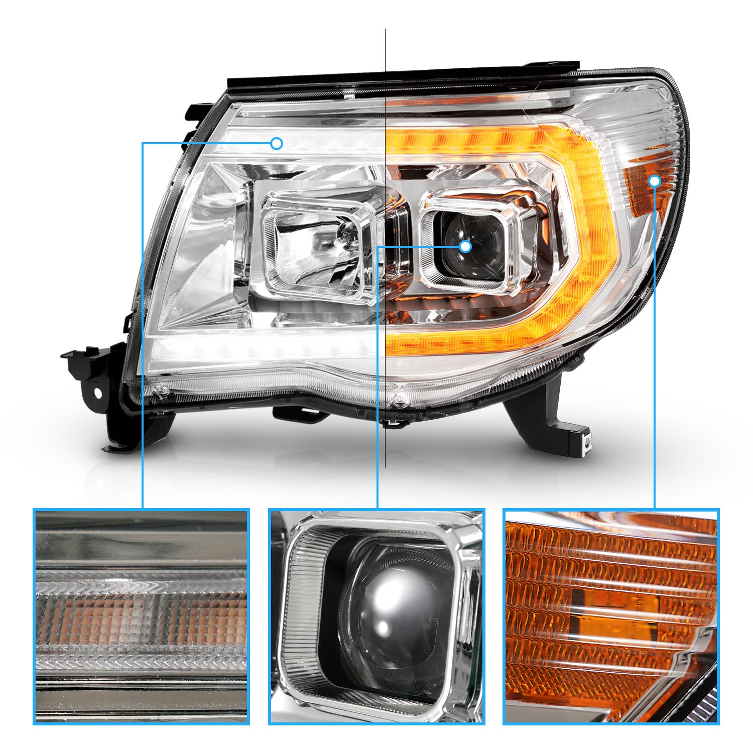 TOYOTA TACOMA 05-11 PROJECTOR SEQUENTIAL LIGHT BAR STYLE HEADLIGHTS CHROME AMBER  (W/ C LIGHT BAR)