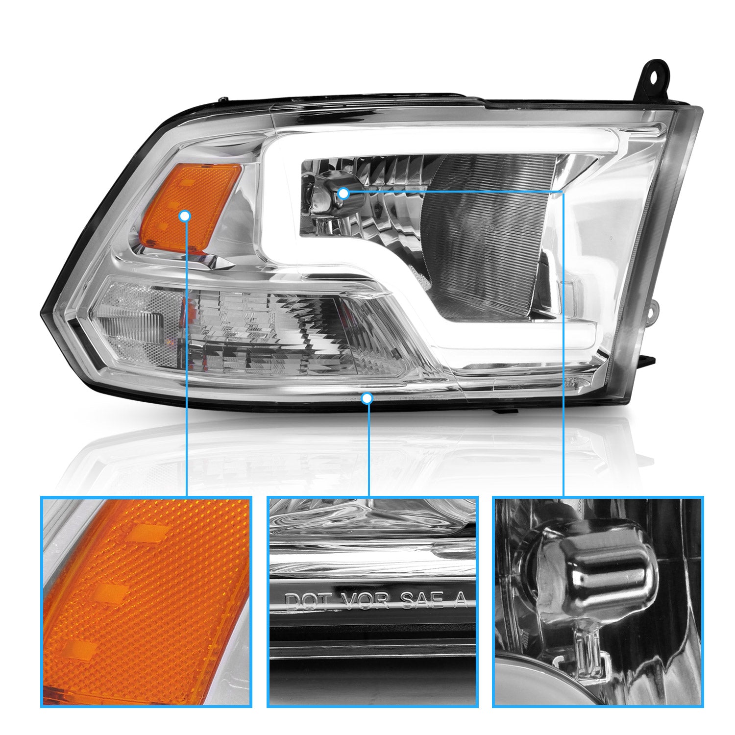 DODGE RAM 09-20 LIGHT BAR STYLE HEADLIGHTS CHROME HOUSING G2 AMBER (HALOGEN TYPE)