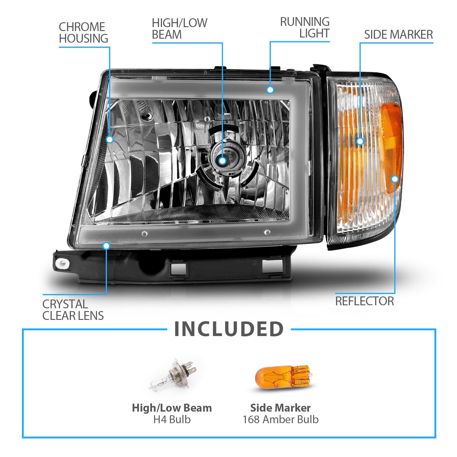 TOYOTA TACOMA 2WD (W/ PRERUNNER) 97-00 / 4WD 98-00 HEADLIGHTS CHROME (W/SIDE MARKERS) (W/ C LIGHT BAR)