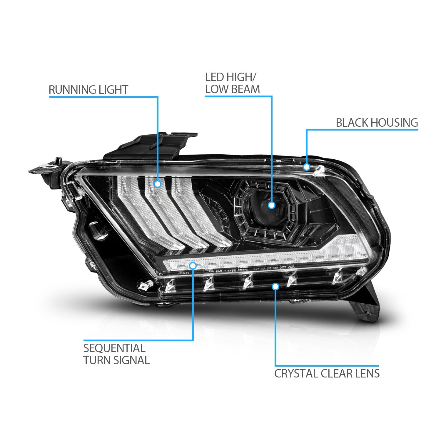 AmeriLite for 2010-2014 Ford Mustang [Full LED] Sequential Tube Projector Black Replacement Headlights Pair - Passenger and Driver Side