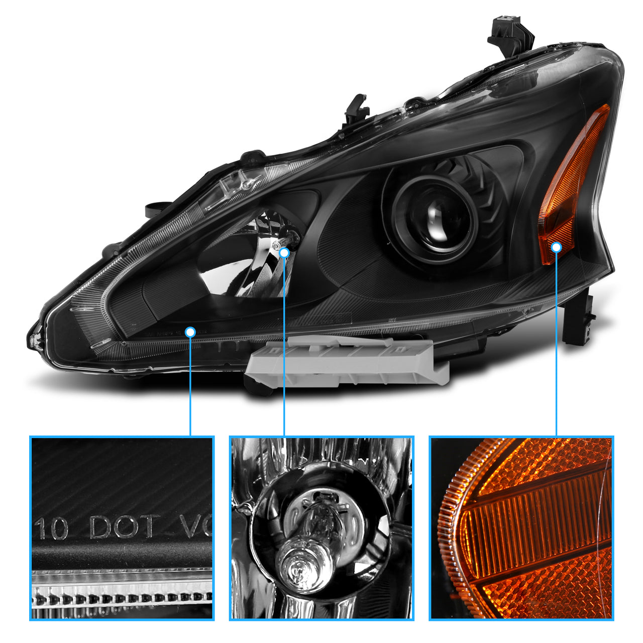 NISSAN ALTIMA 13-15 HEADLIGHTS 4D CRYSTAL BLACK AMBER