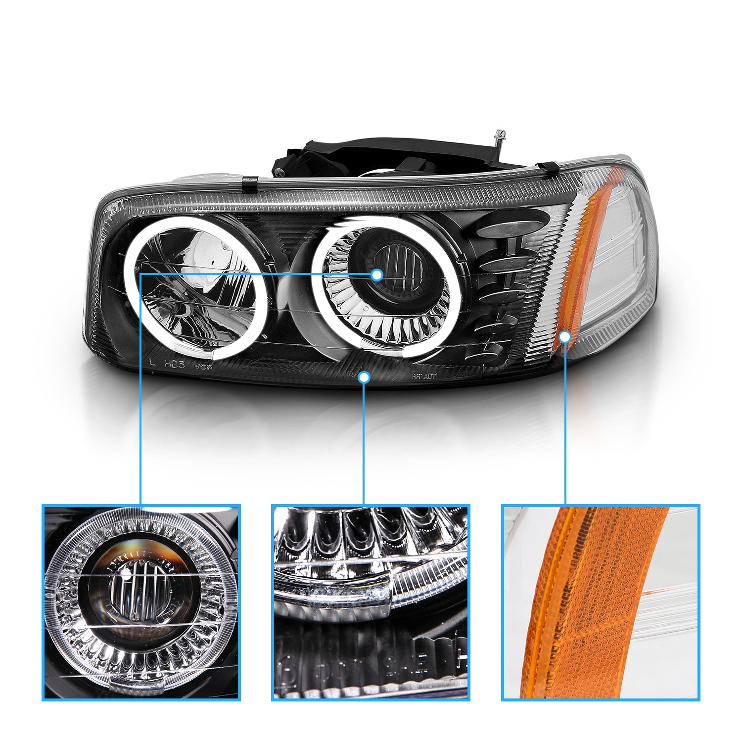 GMC SIERRA/SIERRA DENALI 99-07/SIERRA CLASSIC 2007/ YUKON/YUKON XL/YUKON DENALI 00-06 PROJECTOR HEADLIGHTS HALO BLACK CLEAR AMBER