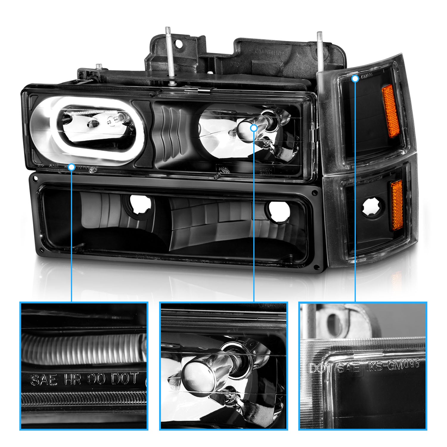 CHEVY CK / C10 /SILVERADO/ TAHOE / SUBURBAN/BLAZER 94-98 CRYSTAL HEADLIGHTS HALO BLACK HOUSING W/ SIGNAL & SIDE MARKERS AMBER (8PCS)