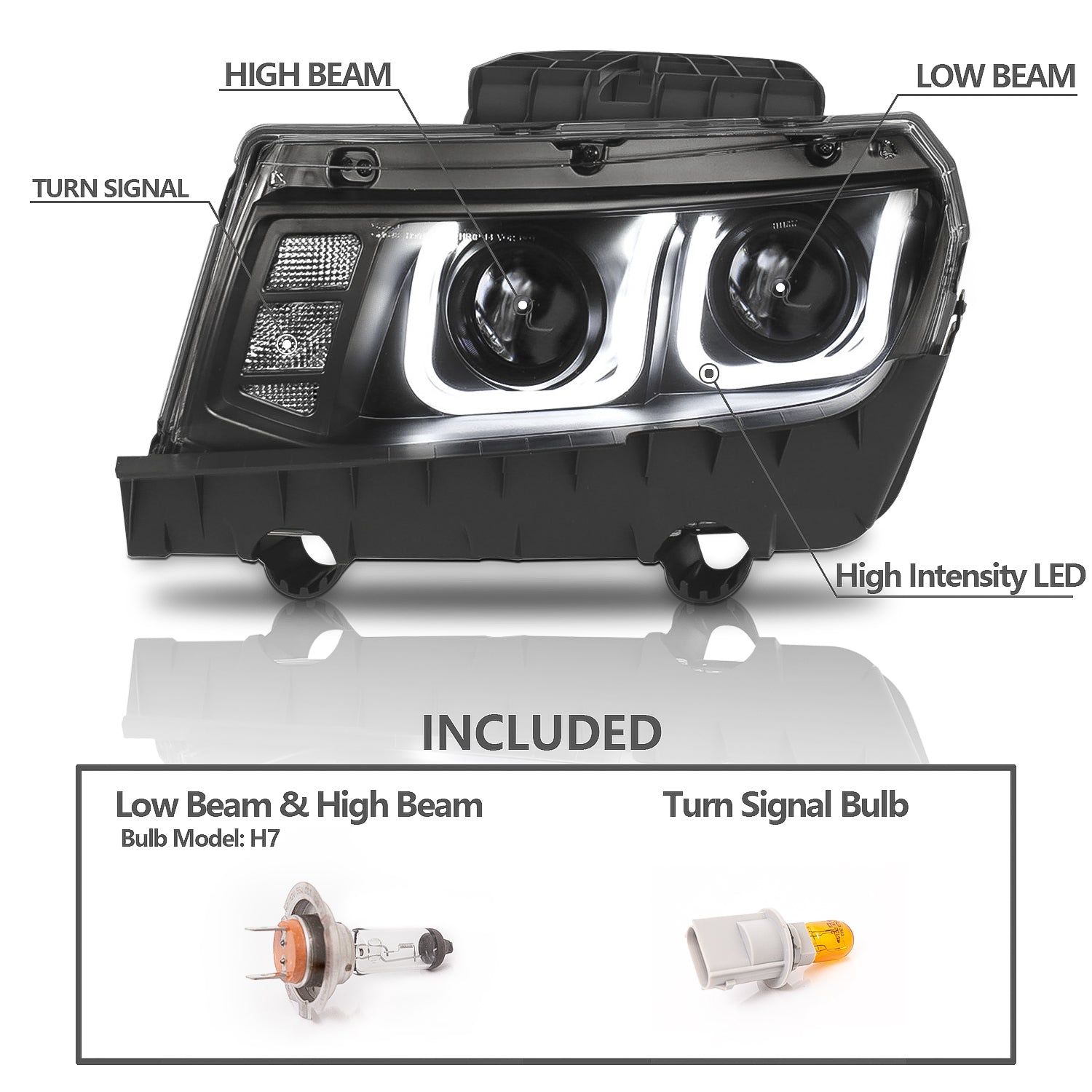 CHEVY CAMARO 14-15 PROJECTOR HEADLIGHTS U-BAR STYLE BLACK CLEAR