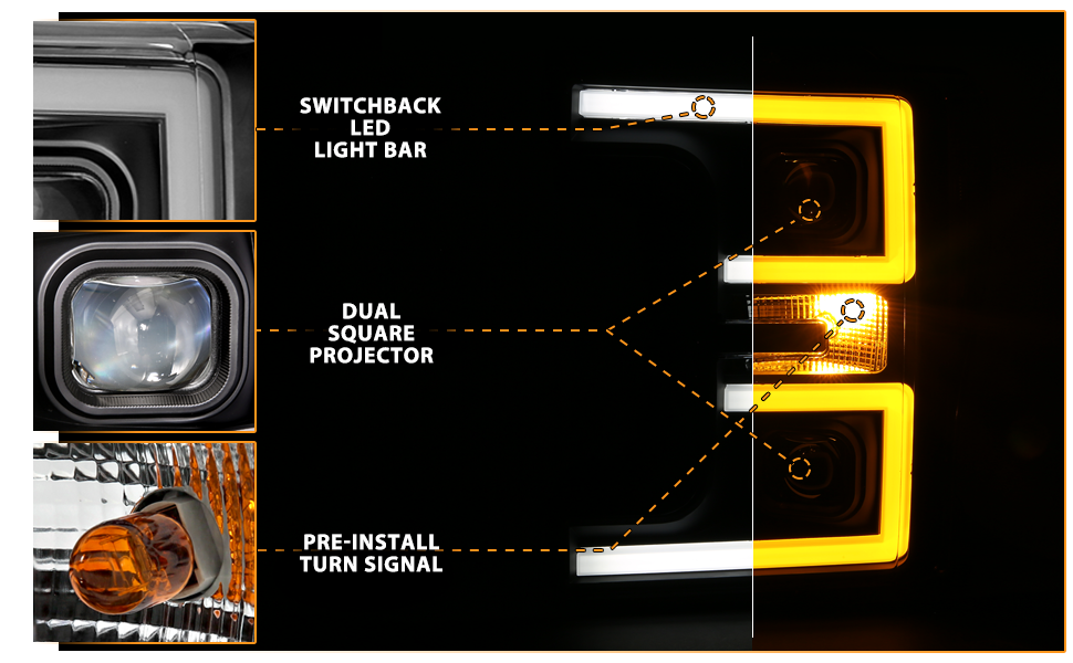 FORD F-250/F350/F450 17 UP PROJECTOR LIGHT BAR STYLE SWITCHBACK HEADLIGHTS BLACK AMBER